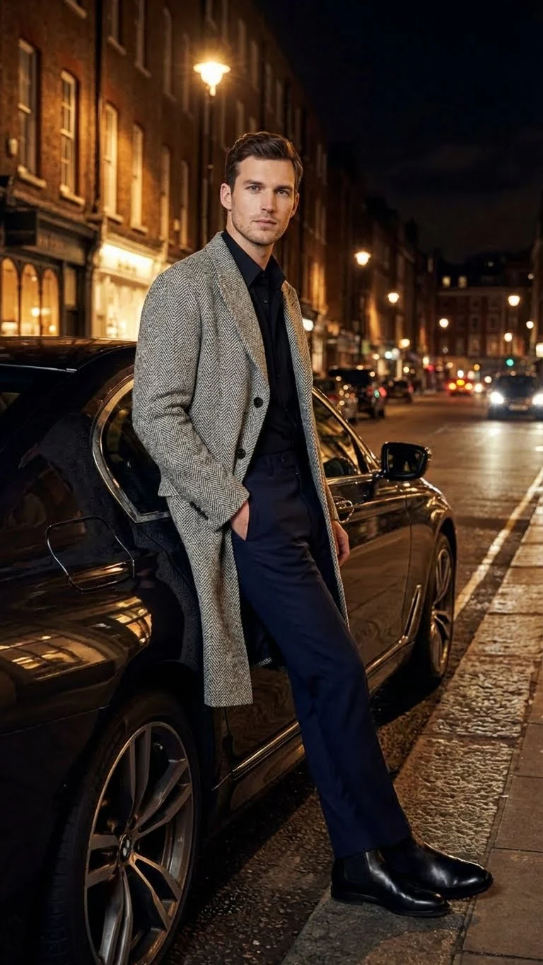 Men’s Grey Herringbone Long Overcoat – Tweed Black and White Pattern Wool Topcoat Three Qaurter - Image 5
