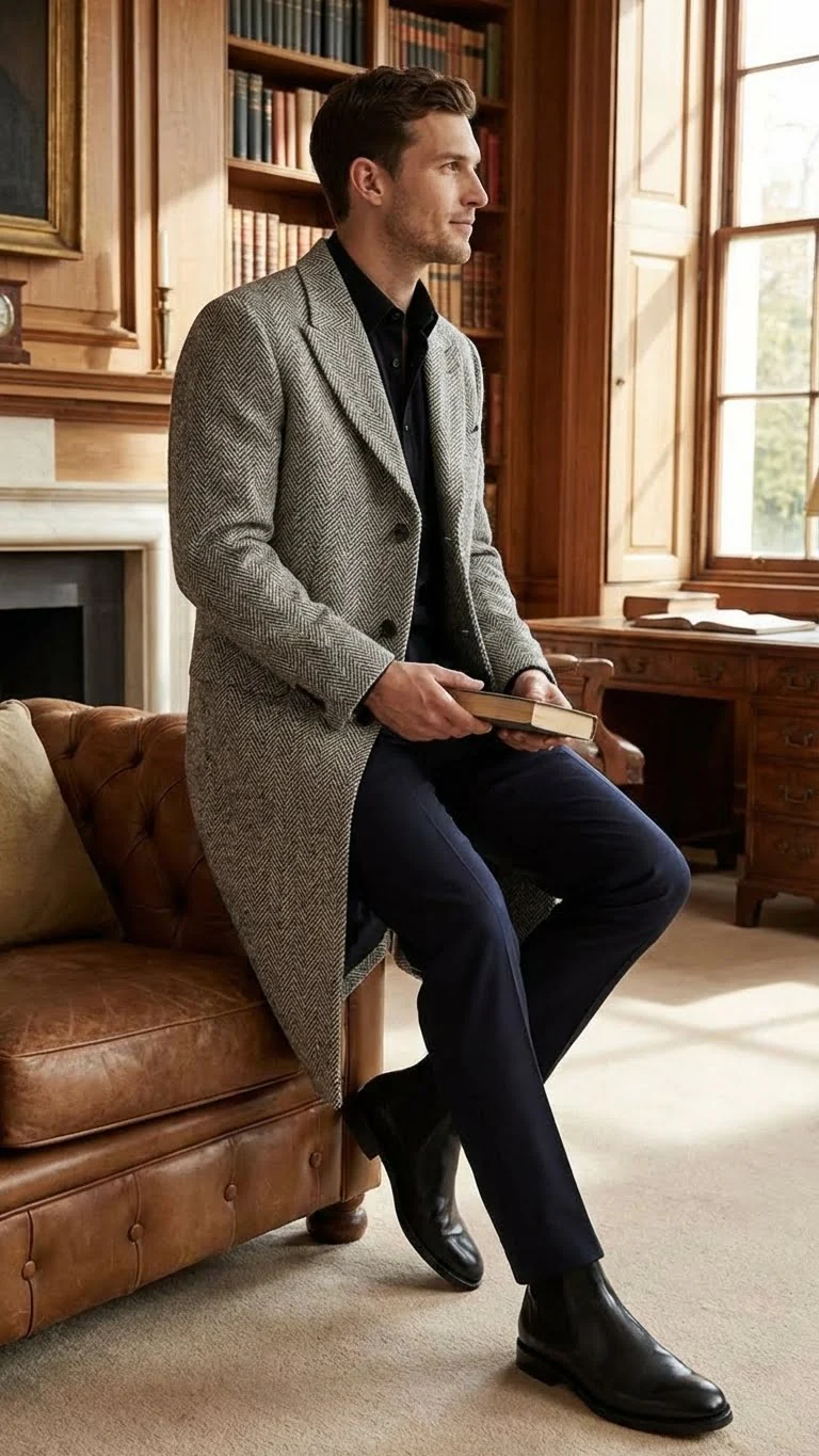 Men’s Grey Herringbone Long Overcoat – Tweed Black and White Pattern Wool Topcoat Three Qaurter - Image 7