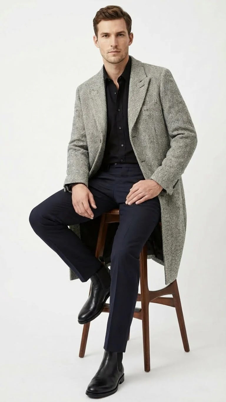 Men’s Grey Herringbone Long Overcoat – Tweed Black and White Pattern Wool Topcoat Three Qaurter - Image 8
