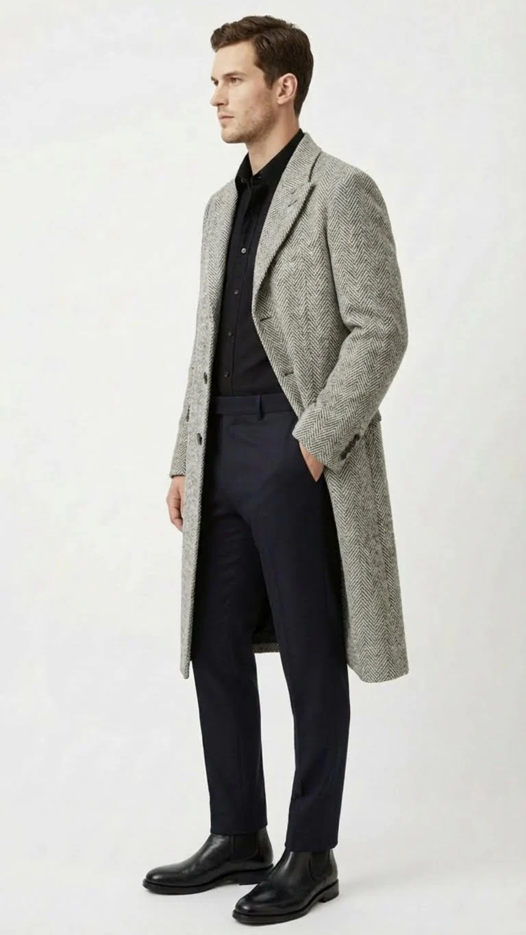 Men’s Grey Herringbone Long Overcoat – Tweed Black and White Pattern Wool Topcoat Three Qaurter - Image 9