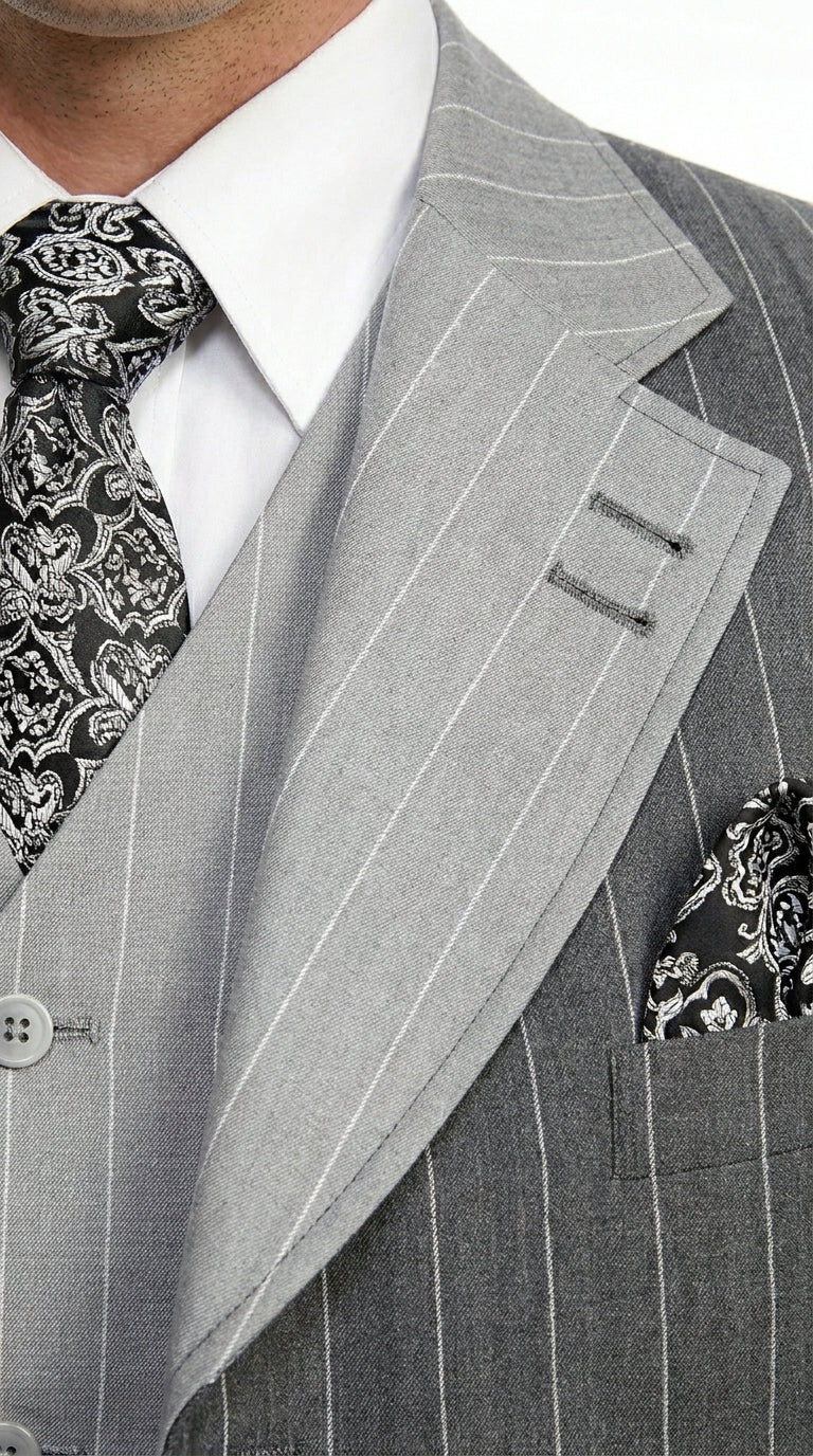 Men’s Grey Pinstripe Zoot Suit 3 Piece – 1920s Gangster Vintage Wide Lapel Suit with Vest for Wedding, Party - Image 10