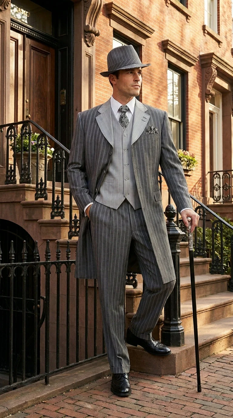 Men’s Grey Pinstripe Zoot Suit 3 Piece – 1920s Gangster Vintage Wide Lapel Suit with Vest for Wedding, Party - Image 11