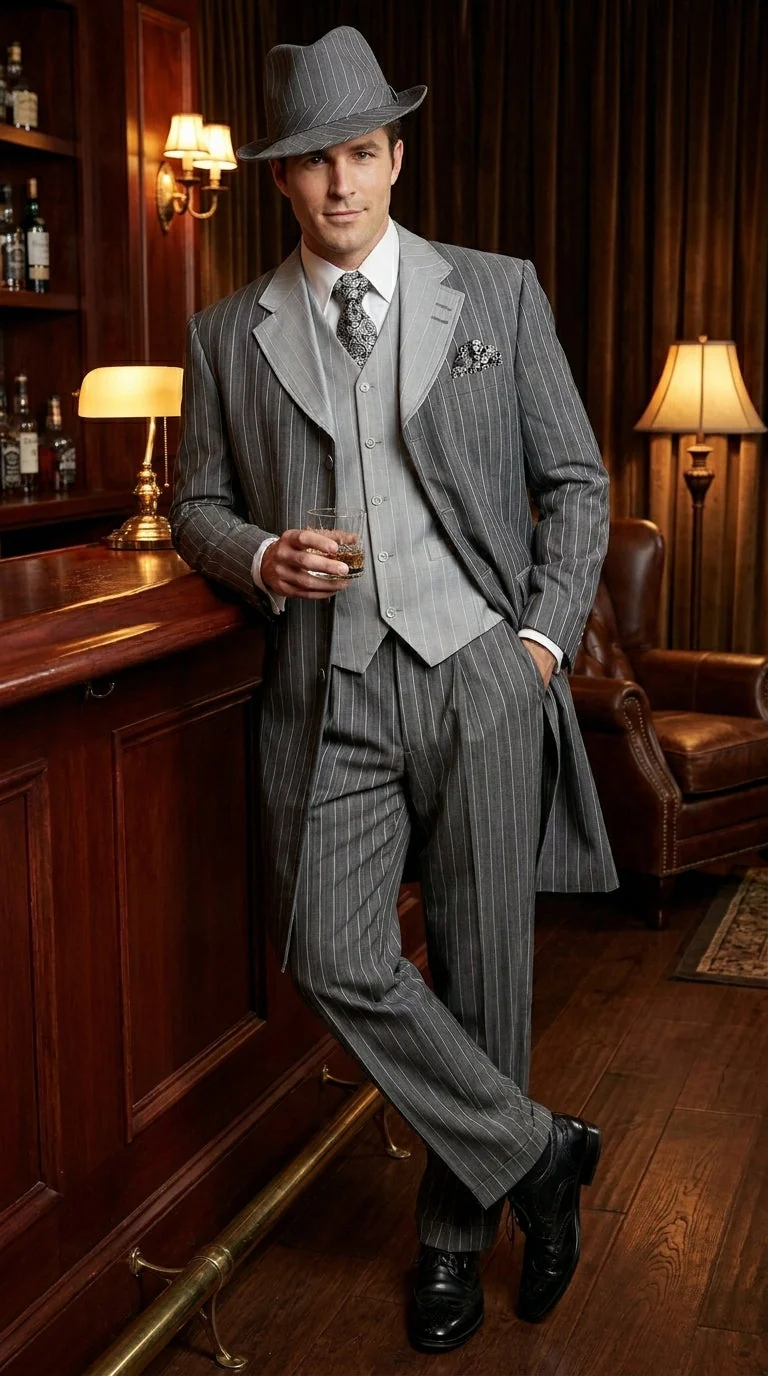Men’s Grey Pinstripe Zoot Suit 3 Piece – 1920s Gangster Vintage Wide Lapel Suit with Vest for Wedding, Party - Image 12
