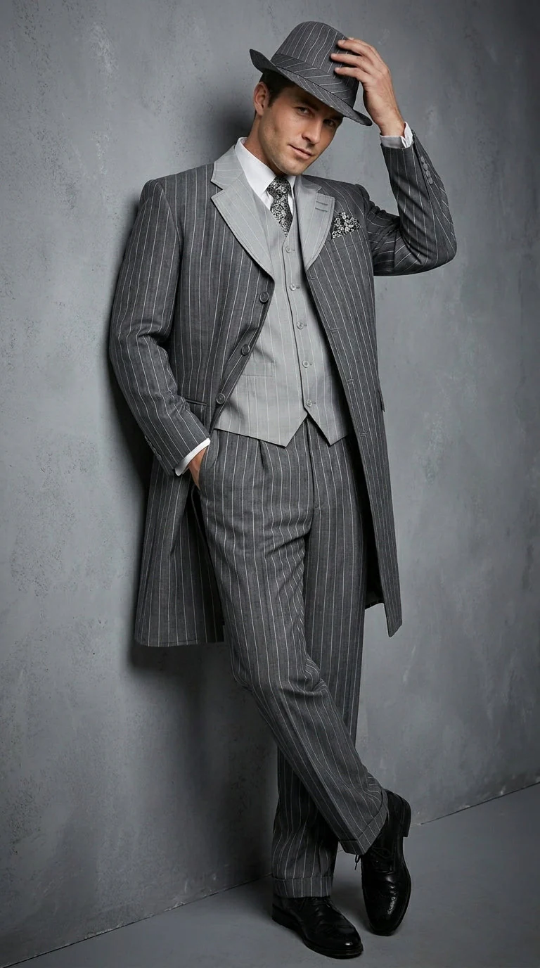 Men’s Grey Pinstripe Zoot Suit 3 Piece – 1920s Gangster Vintage Wide Lapel Suit with Vest for Wedding, Party - Image 16