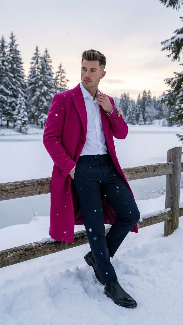 Men’s Hot Pink Wool Blend Overcoat – Topcoat Carcoat Winter Fabric - Image 5