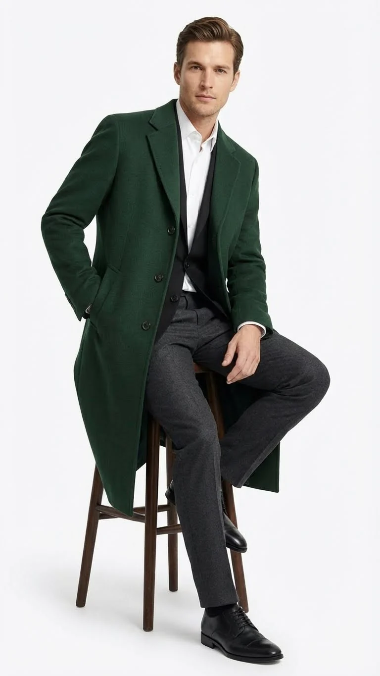 Men’s Hunter Green Full-Length Wool Overcoat – Classic Winter Dress Coat for Formal and Casual Wear Topcoat Mens Wintercoat - Image 6