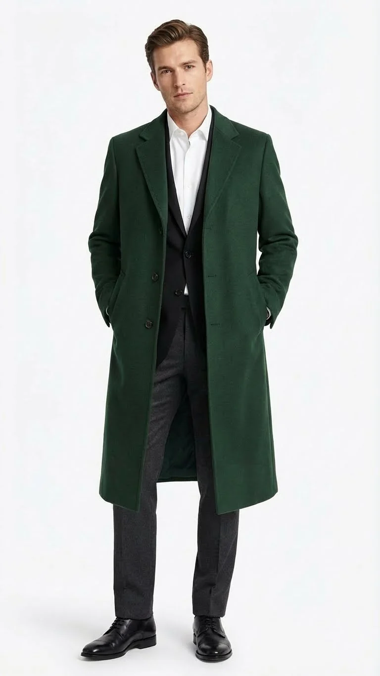 Men’s Hunter Green Full-Length Wool Overcoat – Classic Winter Dress Coat for Formal and Casual Wear Topcoat Mens Wintercoat - Image 9