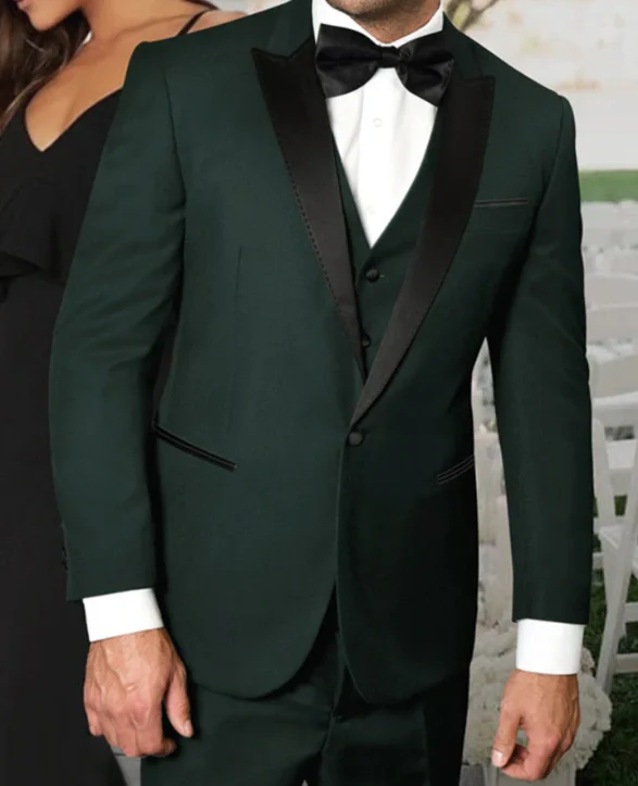 Men’s Hunter Green Tuxedo Suit 3 Piece – One Button Peak Lapel Designer Formal Suit for Wedding,  Light Weight Wool By Statement Dark Green