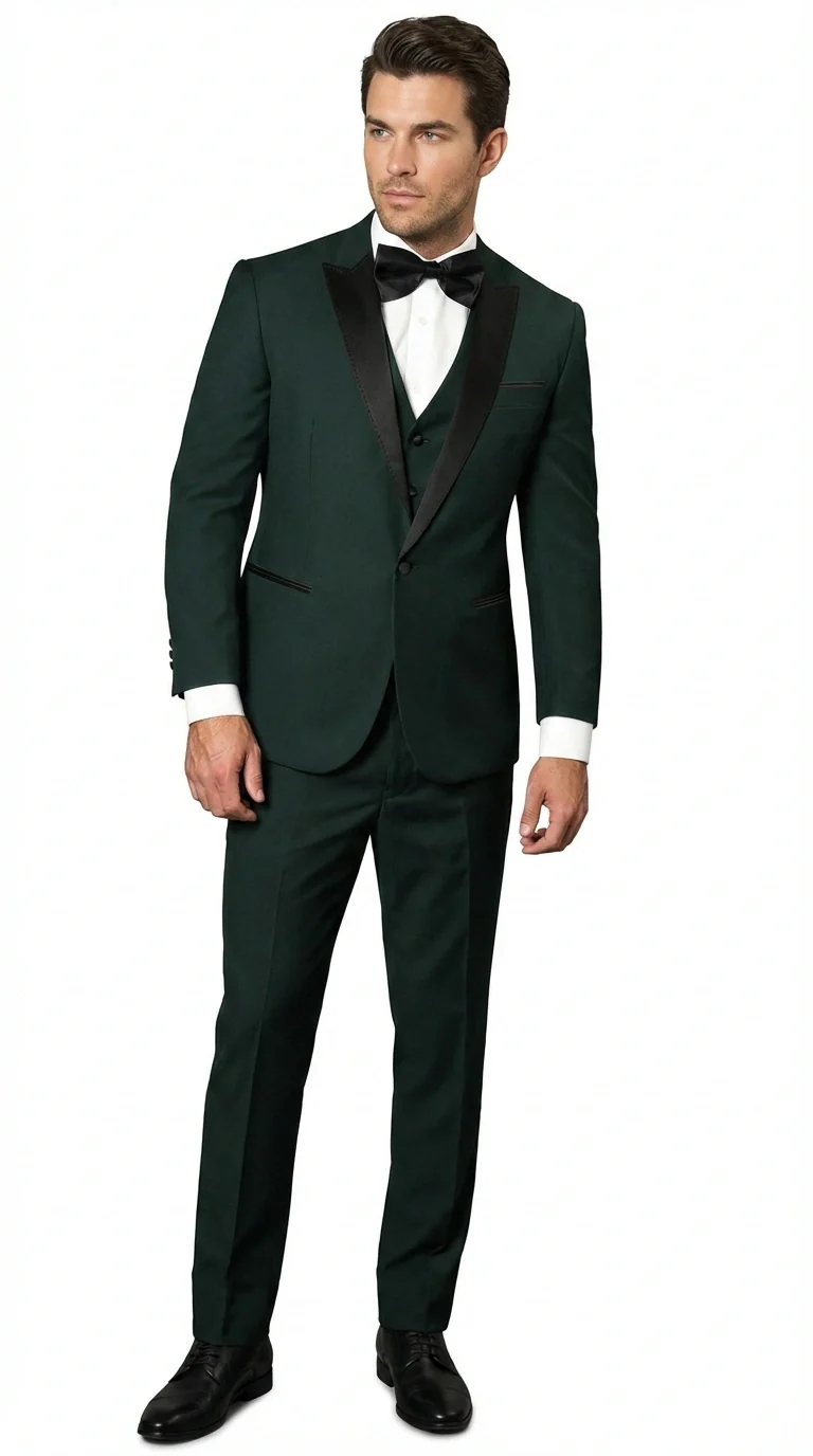 Men’s Hunter Green Tuxedo Suit 3 Piece – One Button Peak Lapel Designer Formal Suit for Wedding,  Light Weight Wool By Statement Dark Green - Image 2