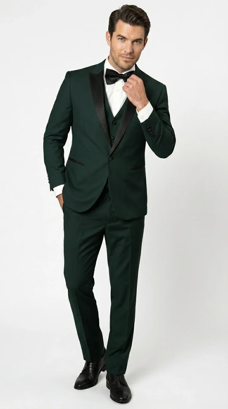Men’s Hunter Green Tuxedo Suit 3 Piece – One Button Peak Lapel Designer Formal Suit for Wedding,  Light Weight Wool By Statement Dark Green - Image 3