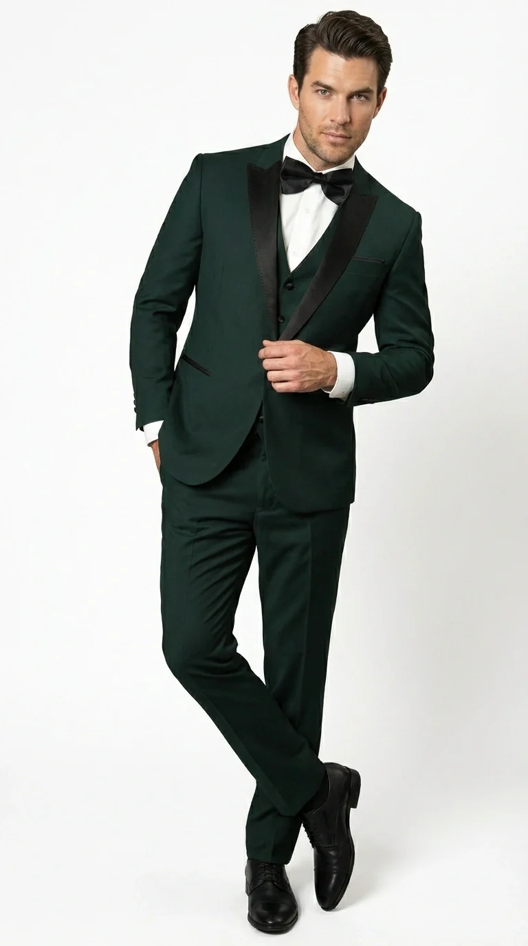 Men’s Hunter Green Tuxedo Suit 3 Piece – One Button Peak Lapel Designer Formal Suit for Wedding,  Light Weight Wool By Statement Dark Green - Image 5
