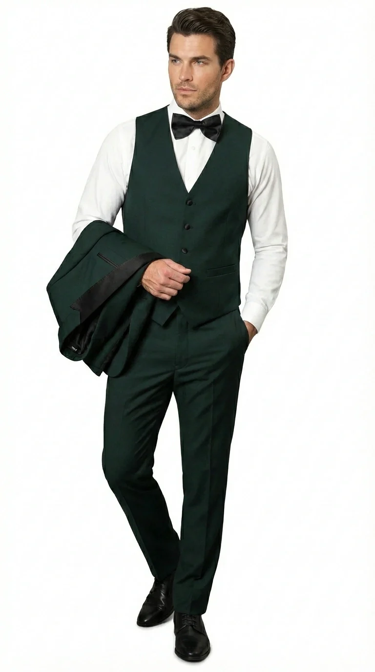 Men’s Hunter Green Tuxedo Suit 3 Piece – One Button Peak Lapel Designer Formal Suit for Wedding,  Light Weight Wool By Statement Dark Green - Image 6