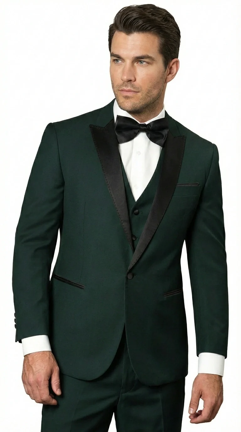 Men’s Hunter Green Tuxedo Suit 3 Piece – One Button Peak Lapel Designer Formal Suit for Wedding,  Light Weight Wool By Statement Dark Green - Image 8