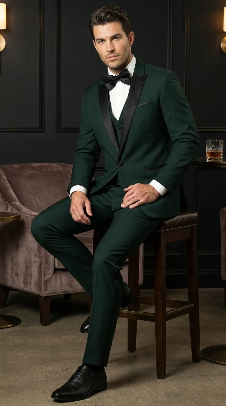 Men’s Hunter Green Tuxedo Suit 3 Piece – One Button Peak Lapel Designer Formal Suit for Wedding,  Light Weight Wool By Statement Dark Green - Image 9