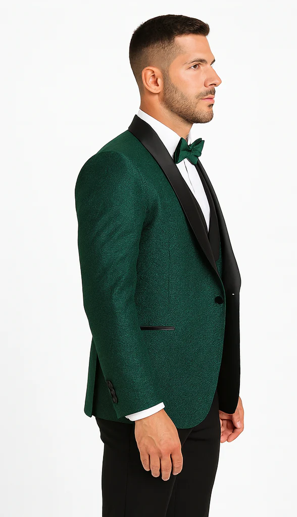 Men’s Hunter Green Vested Tuxedo – Floral Lace Designer Wedding Suit - Image 3
