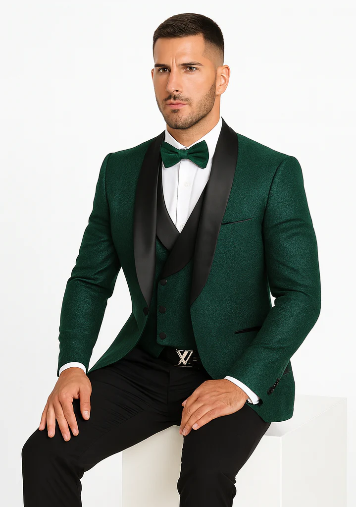 Men’s Hunter Green Vested Tuxedo – Floral Lace Designer Wedding Suit - Image 4