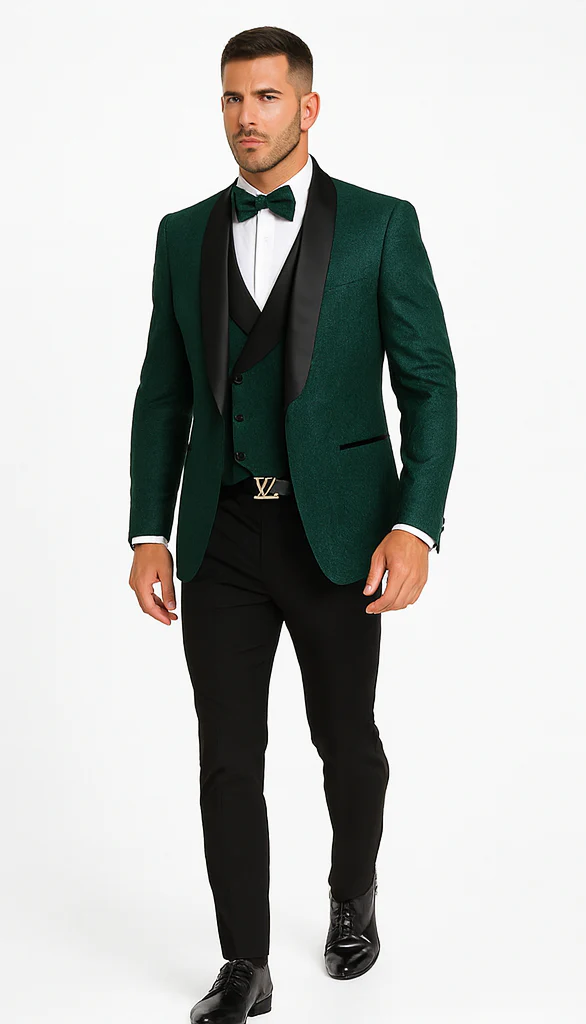 Men’s Hunter Green Vested Tuxedo – Floral Lace Designer Wedding Suit - Image 5