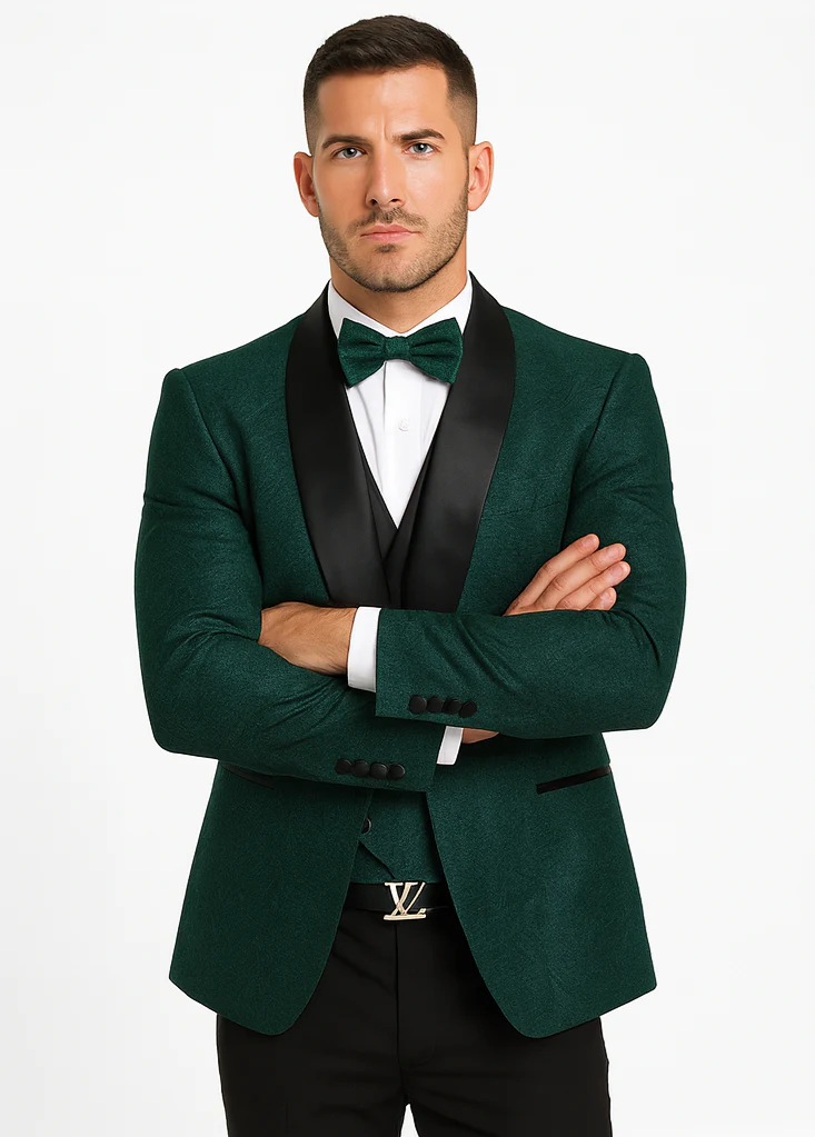 Men’s Hunter Green Vested Tuxedo – Floral Lace Designer Wedding Suit - Image 6