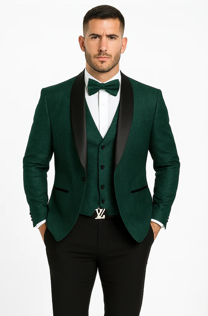 Men’s Hunter Green Vested Tuxedo – Floral Lace Designer Wedding Suit - Image 7