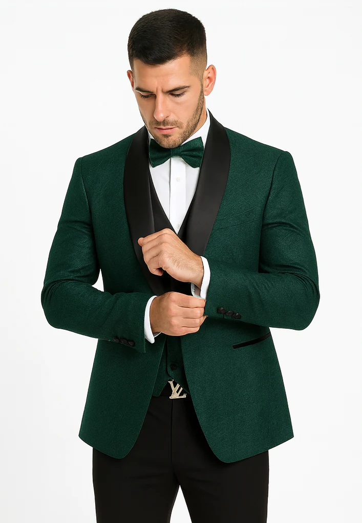 Men’s Hunter Green Vested Tuxedo – Floral Lace Designer Wedding Suit - Image 8