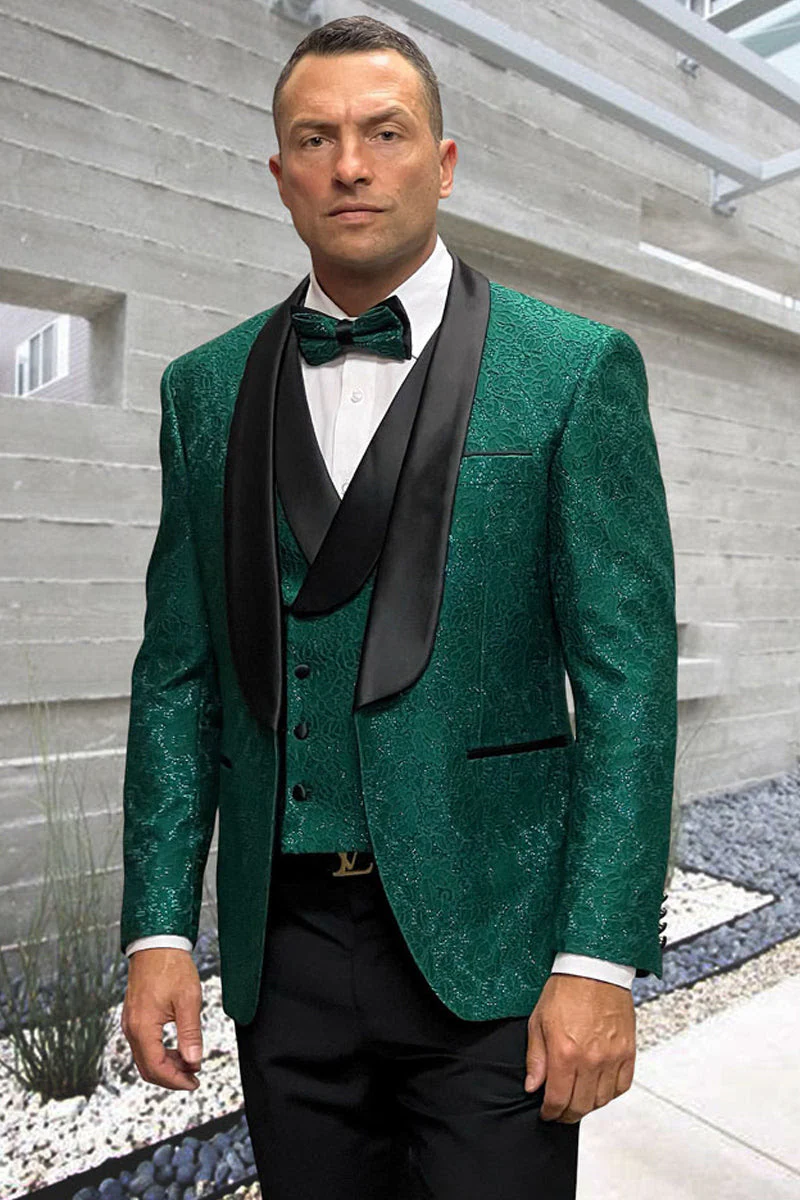Men’s Hunter Green Vested Tuxedo – Floral Lace Designer Wedding Suit - Image 9