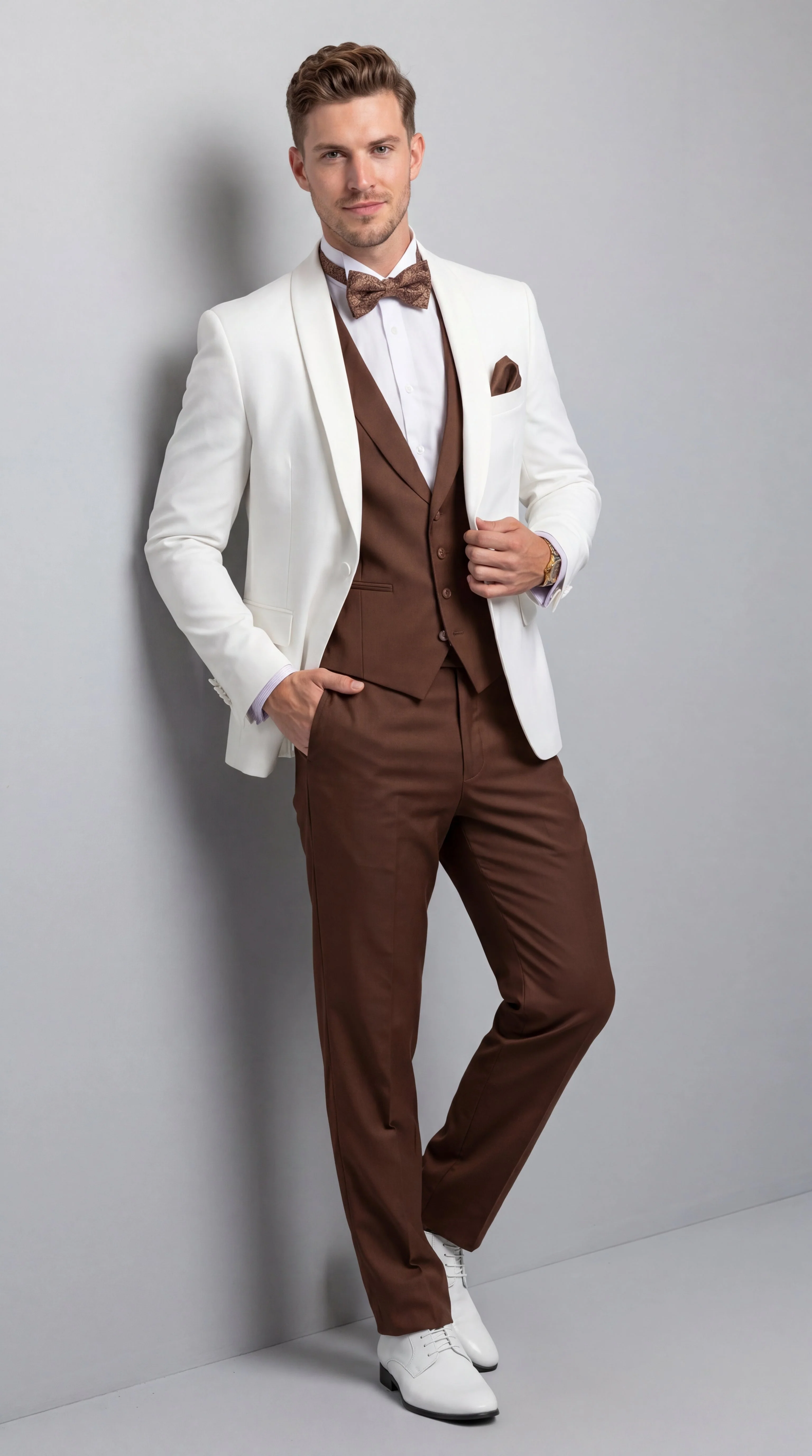 Men’s Ivory and Brown 3 Piece Suit – Elegant White Blazer with Brown Vest and Trousers for Wedding, Prom and Formal Events in off White Cream + Bowtie - Image 11