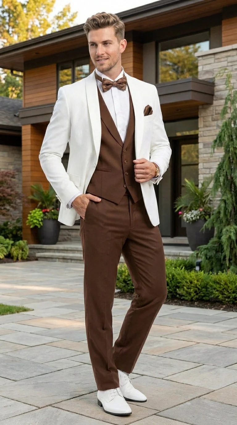 Men’s Ivory and Brown 3 Piece Suit – Elegant White Blazer with Brown Vest and Trousers for Wedding, Prom and Formal Events in off White Cream + Bowtie - Image 12