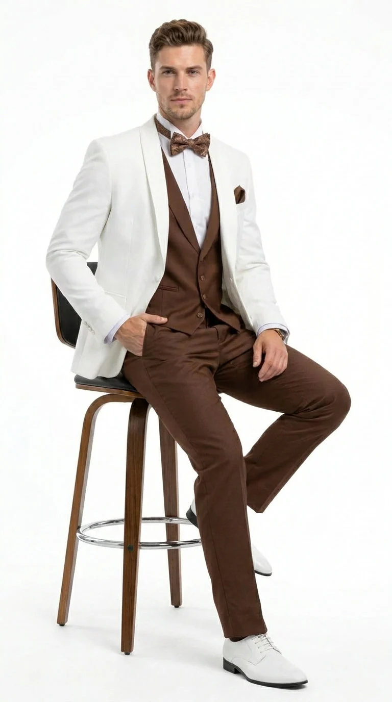 Men’s Ivory and Brown 3 Piece Suit – Elegant White Blazer with Brown Vest and Trousers for Wedding, Prom and Formal Events in off White Cream + Bowtie - Image 3