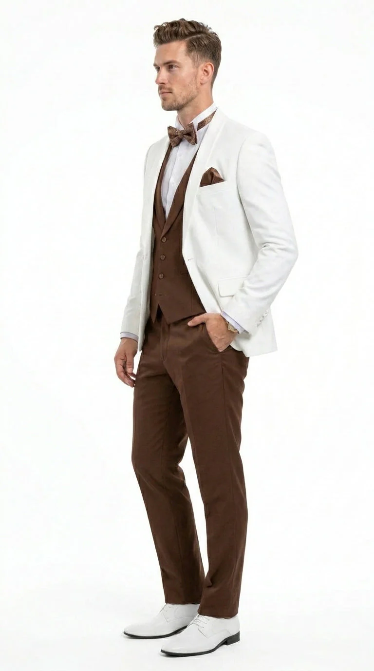 Men’s Ivory and Brown 3 Piece Suit – Elegant White Blazer with Brown Vest and Trousers for Wedding, Prom and Formal Events in off White Cream + Bowtie - Image 5