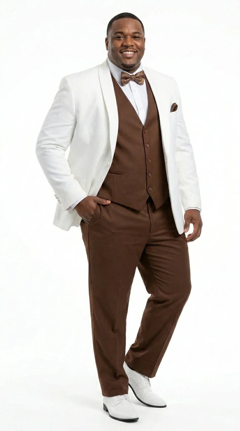 Men’s Ivory and Brown 3 Piece Suit – Elegant White Blazer with Brown Vest and Trousers for Wedding, Prom and Formal Events in off White Cream + Bowtie - Image 6