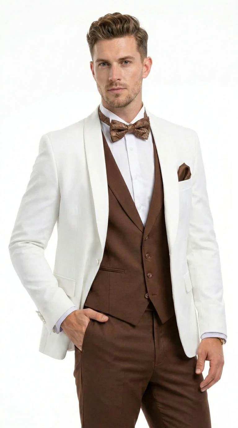 Men’s Ivory and Brown 3 Piece Suit – Elegant White Blazer with Brown Vest and Trousers for Wedding, Prom and Formal Events in off White Cream + Bowtie - Image 9