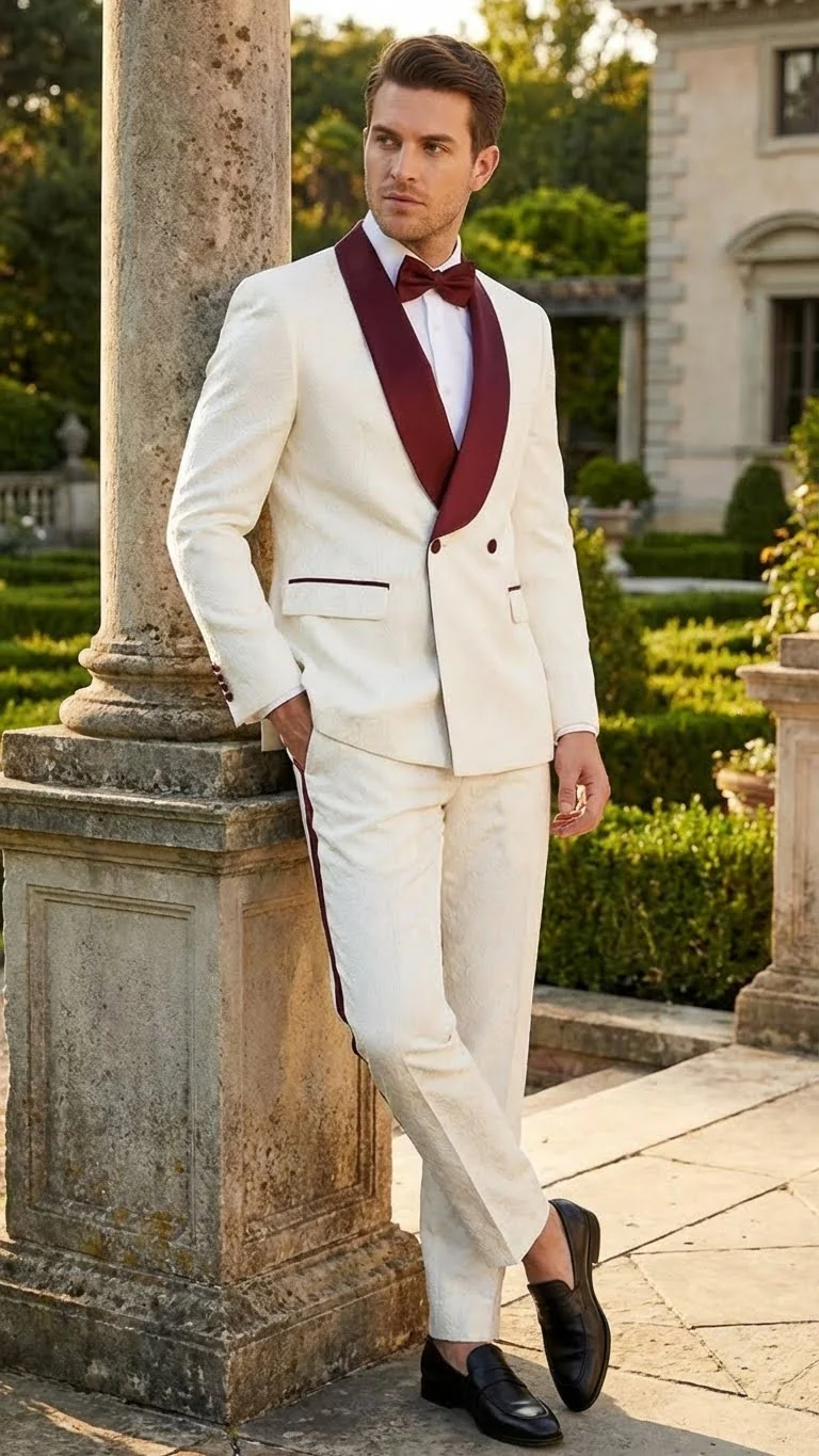 Men’s Ivory and Burgundy Jacquard Tuxedo Suit – Luxury Slim Fit 3-Piece Formal Wedding, Prom, and Gala Outfit in Cream Off White Color - Image 2