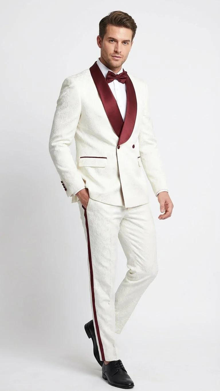 Men’s Ivory and Burgundy Jacquard Tuxedo Suit – Luxury Slim Fit 3-Piece Formal Wedding, Prom, and Gala Outfit in Cream Off White Color - Image 3