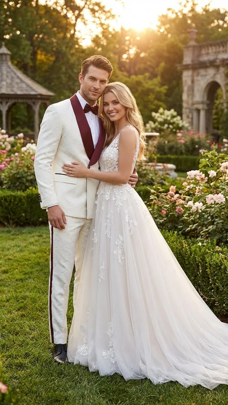 Men’s Ivory and Burgundy Jacquard Tuxedo Suit – Luxury Slim Fit 3-Piece Formal Wedding, Prom, and Gala Outfit in Cream Off White Color - Image 4