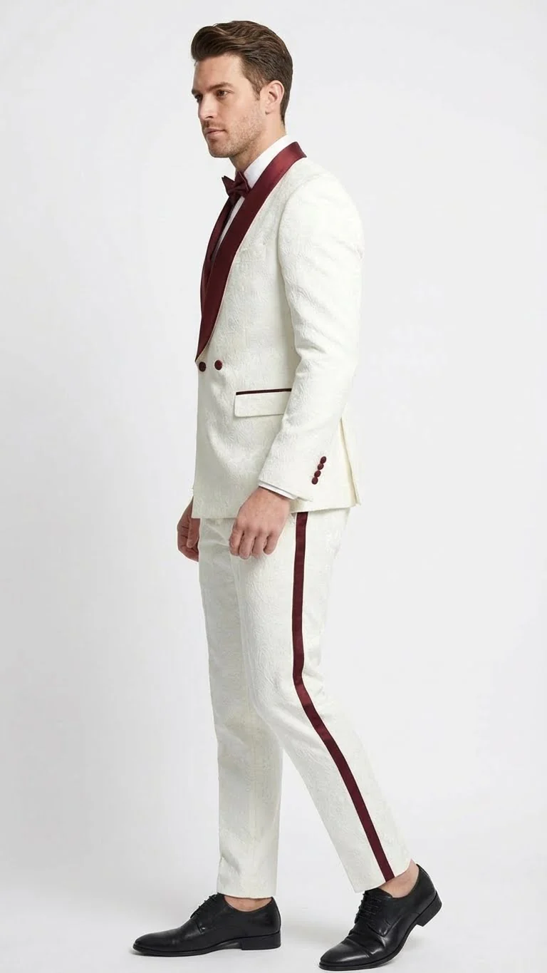 Men’s Ivory and Burgundy Jacquard Tuxedo Suit – Luxury Slim Fit 3-Piece Formal Wedding, Prom, and Gala Outfit in Cream Off White Color - Image 5