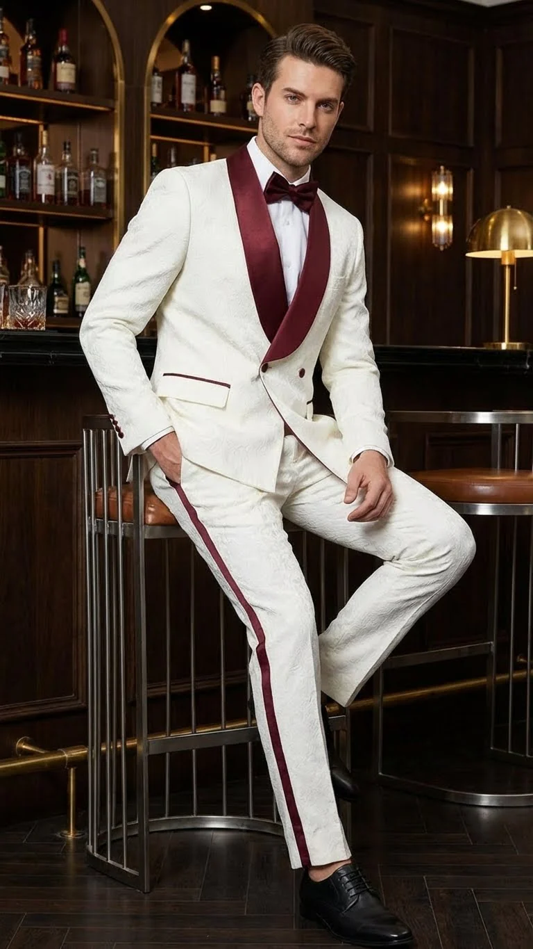 Men’s Ivory and Burgundy Jacquard Tuxedo Suit – Luxury Slim Fit 3-Piece Formal Wedding, Prom, and Gala Outfit in Cream Off White Color - Image 6