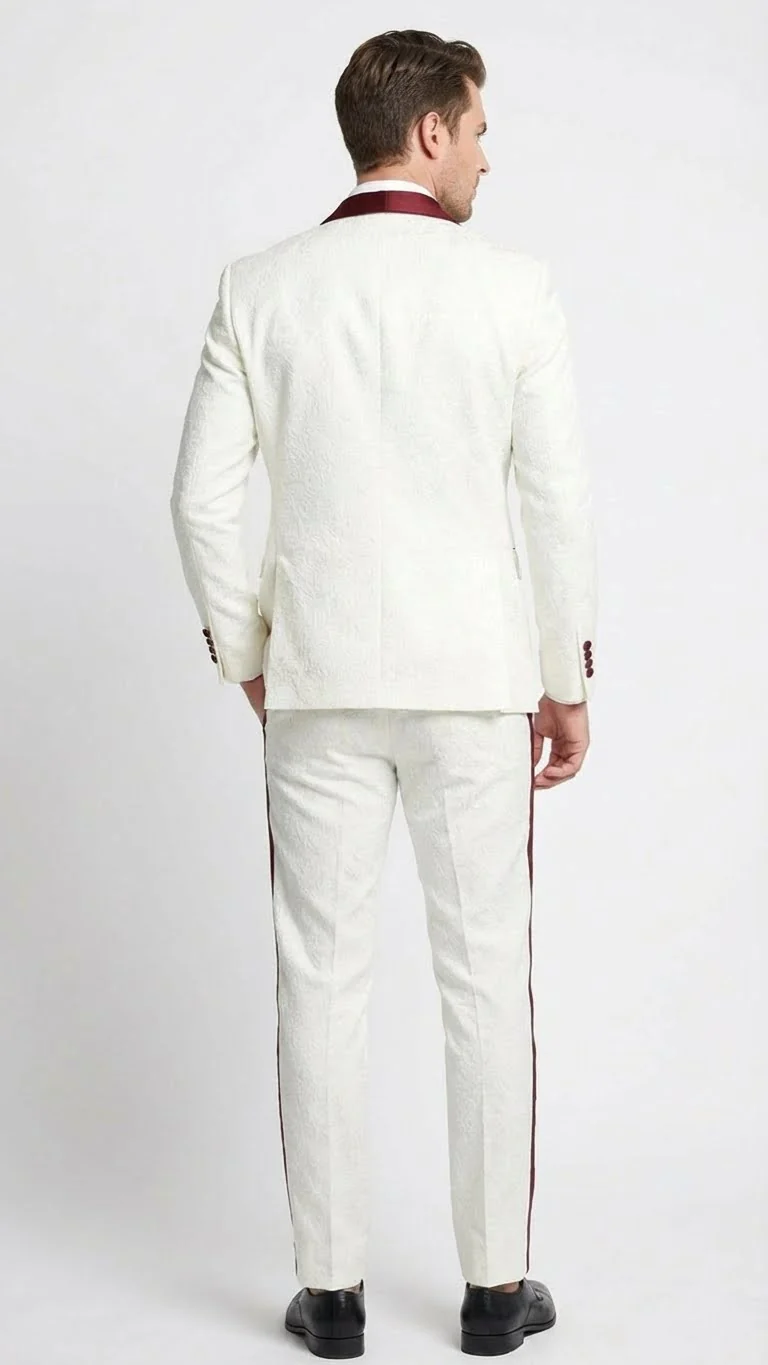 Men’s Ivory and Burgundy Jacquard Tuxedo Suit – Luxury Slim Fit 3-Piece Formal Wedding, Prom, and Gala Outfit in Cream Off White Color - Image 7