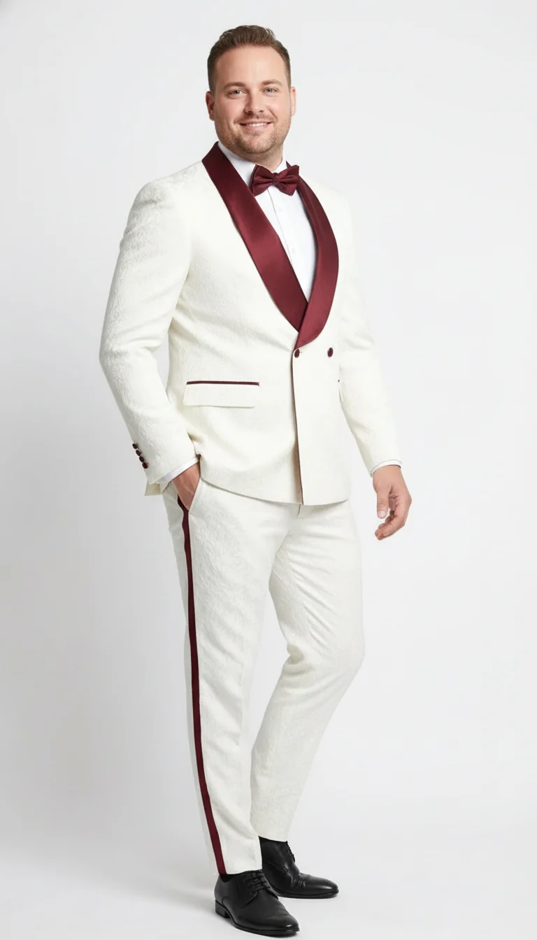 Men’s Ivory and Burgundy Jacquard Tuxedo Suit – Luxury Slim Fit 3-Piece Formal Wedding, Prom, and Gala Outfit in Cream Off White Color - Image 8