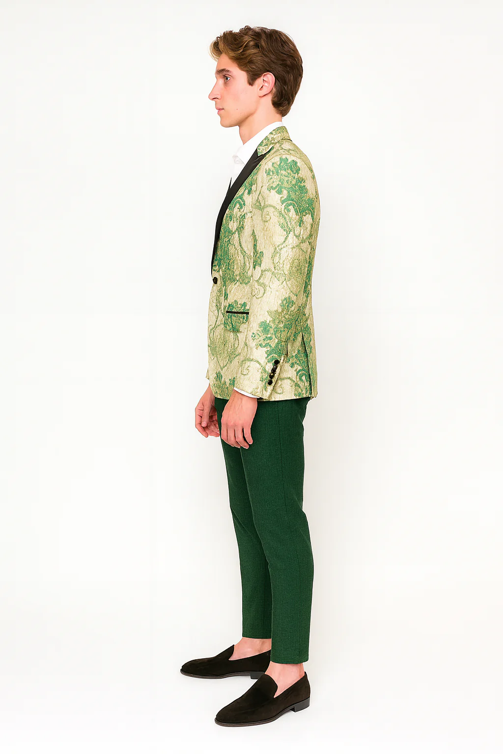 Men’s Ivory and Green Suit Floral Embroidered Tuxedo Jacket with Black Satin Lapel – Designer Blazer for Weddings With Hutner Green Pants - Image 3
