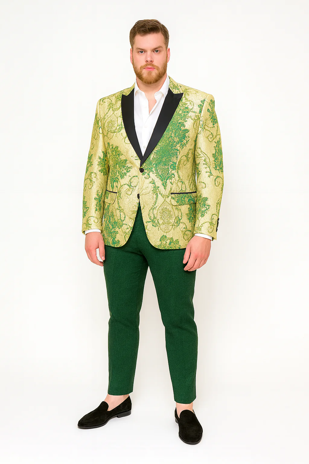 Men’s Ivory and Green Suit Floral Embroidered Tuxedo Jacket with Black Satin Lapel – Designer Blazer for Weddings With Hutner Green Pants - Image 4