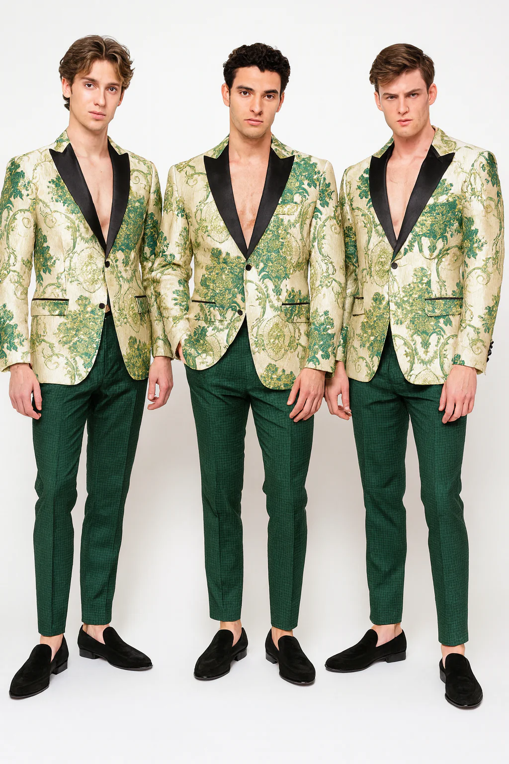 Men’s Ivory and Green Suit Floral Embroidered Tuxedo Jacket with Black Satin Lapel – Designer Blazer for Weddings With Hutner Green Pants - Image 5