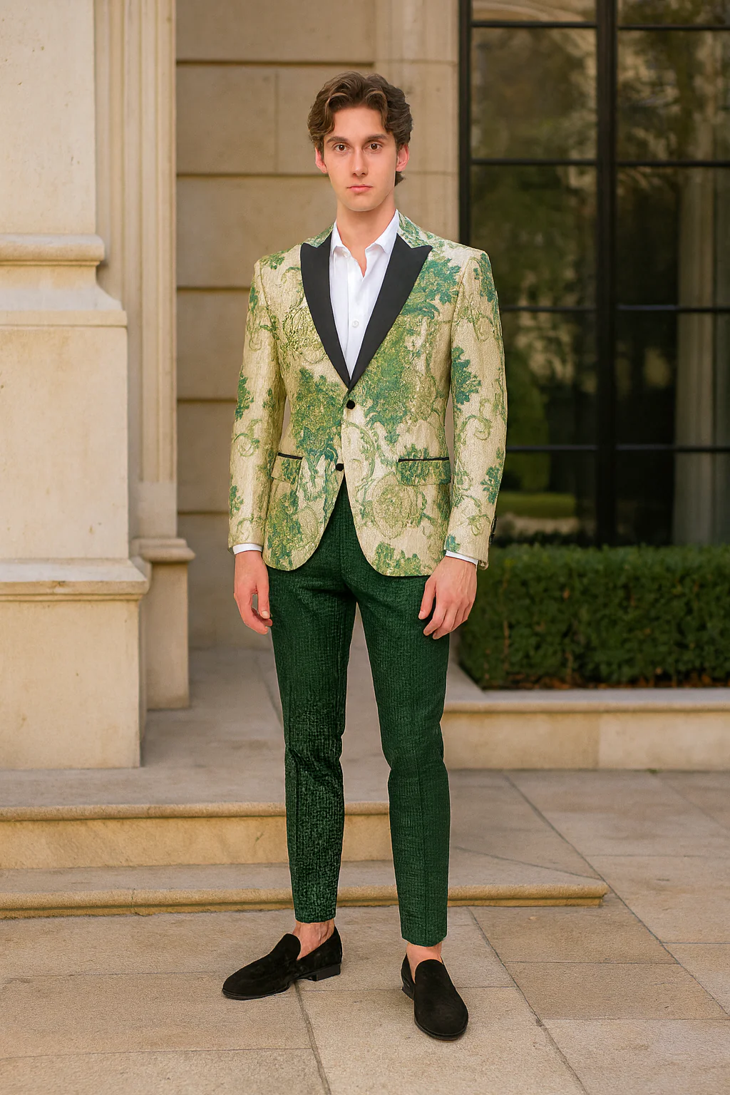Men’s Ivory and Green Suit Floral Embroidered Tuxedo Jacket with Black Satin Lapel – Designer Blazer for Weddings With Hutner Green Pants - Image 6