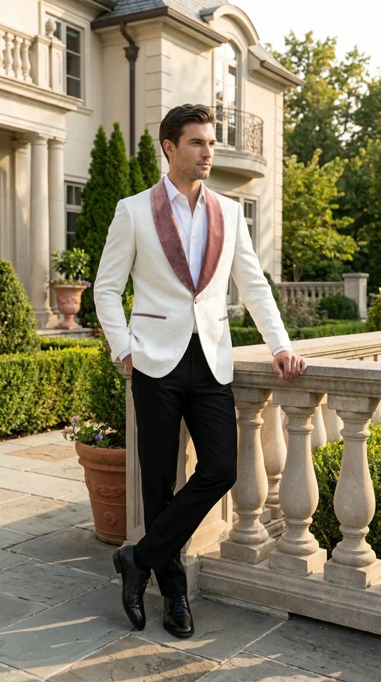 Men’s Ivory and Rose gold Floral Blazer – Elegant Shawl Lapel Formal Blazer Jacket for Wedding, Party, Prom - Image 9