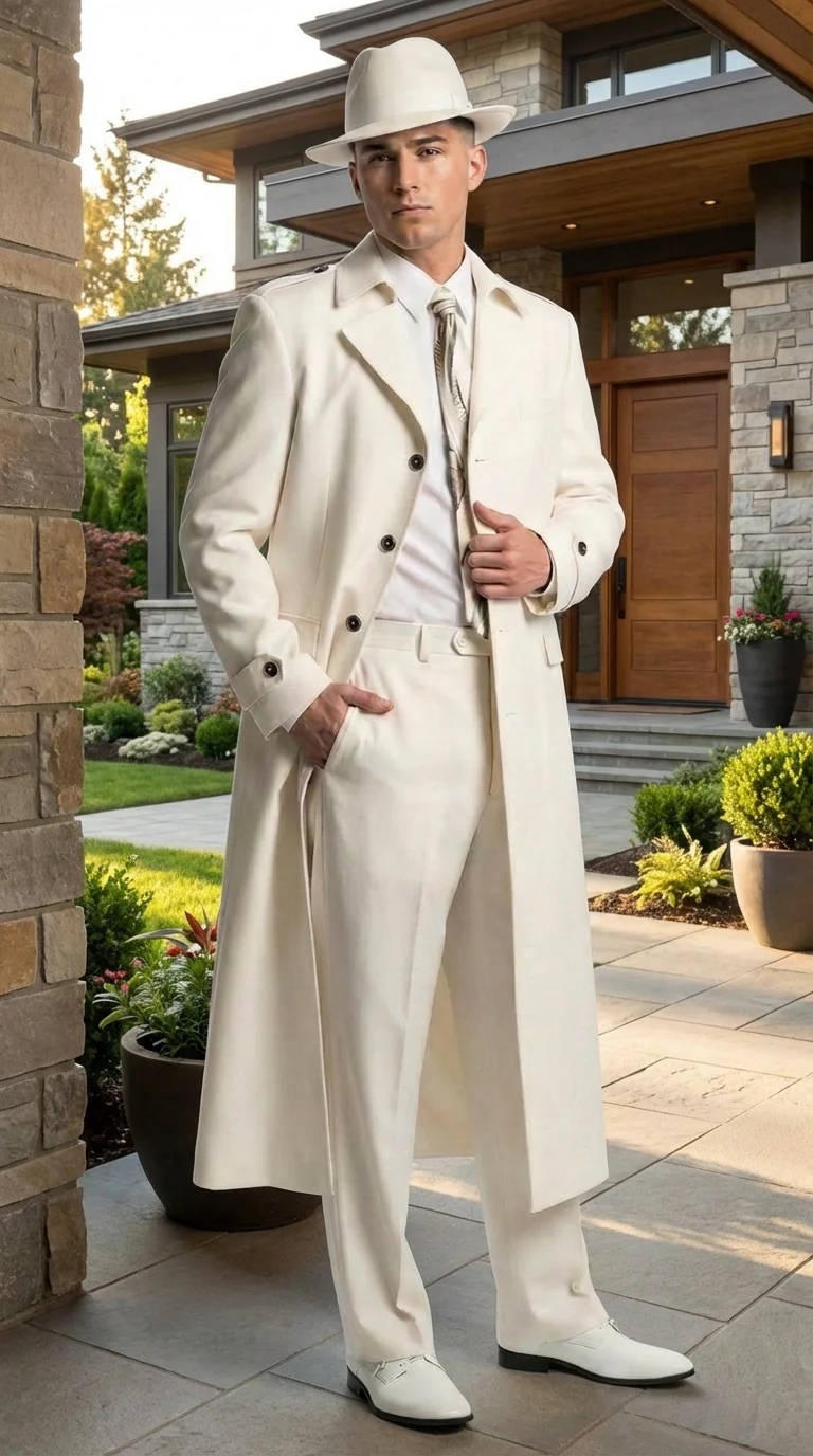 Men’s Ivory Cream Off White  Full Length Zoot Suit – Vintage Gangster Style Long Coat Formal Suit - Image 10