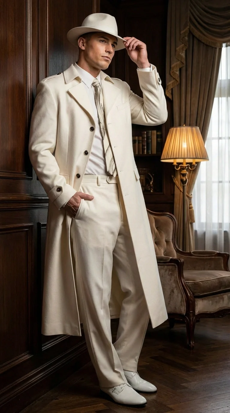 Men’s Ivory Cream Off White  Full Length Zoot Suit – Vintage Gangster Style Long Coat Formal Suit - Image 11