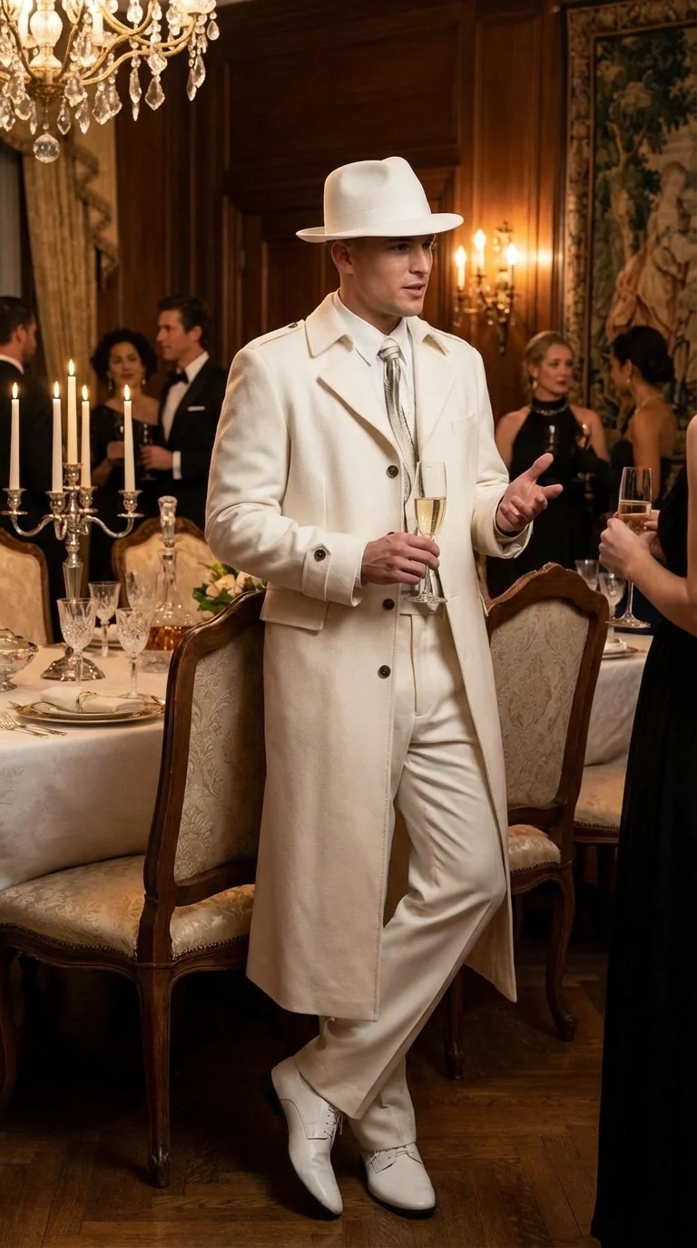 Men’s Ivory Cream Off White  Full Length Zoot Suit – Vintage Gangster Style Long Coat Formal Suit - Image 12