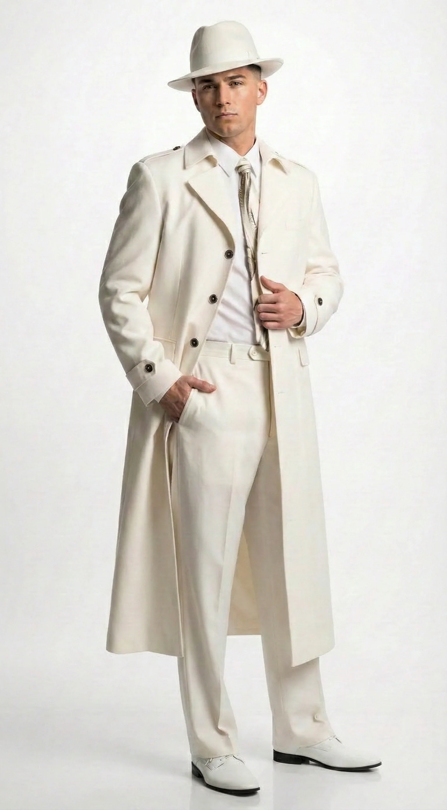 Men’s Ivory Cream Off White  Full Length Zoot Suit – Vintage Gangster Style Long Coat Formal Suit - Image 2
