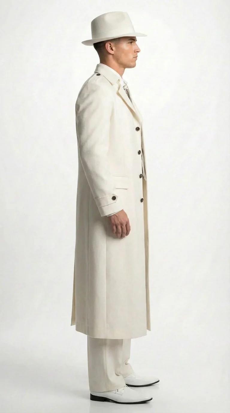 Men’s Ivory Cream Off White  Full Length Zoot Suit – Vintage Gangster Style Long Coat Formal Suit - Image 3