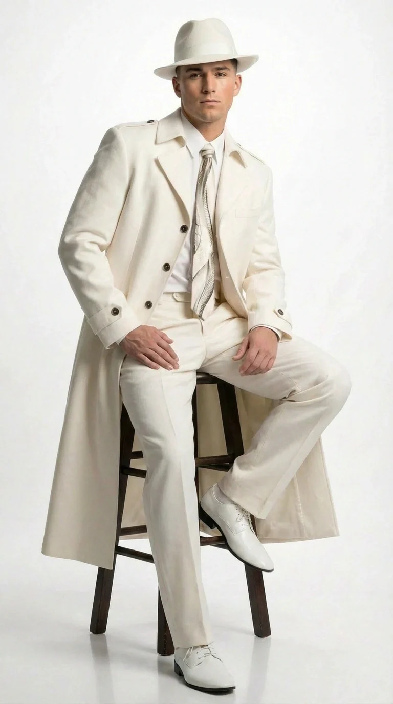 Men’s Ivory Cream Off White  Full Length Zoot Suit – Vintage Gangster Style Long Coat Formal Suit - Image 4