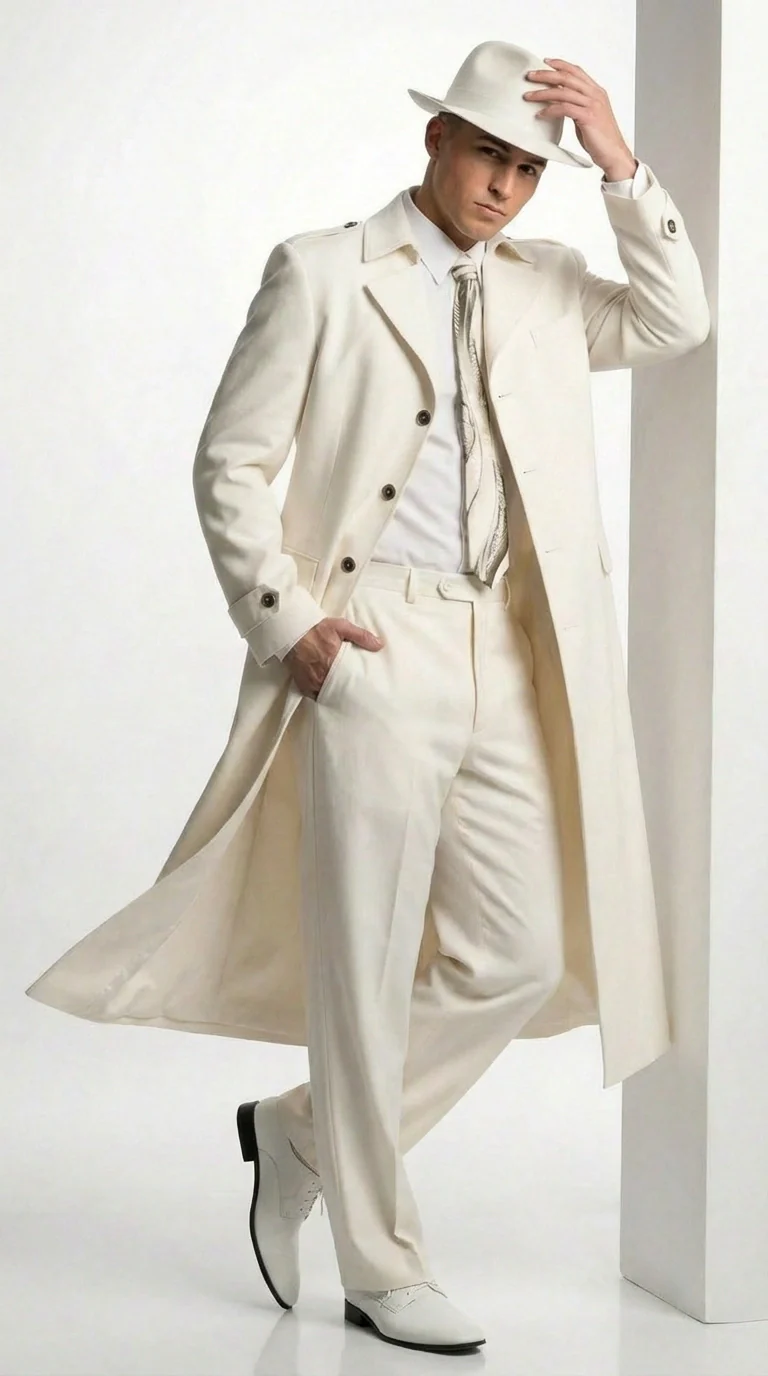 Men’s Ivory Cream Off White  Full Length Zoot Suit – Vintage Gangster Style Long Coat Formal Suit - Image 5